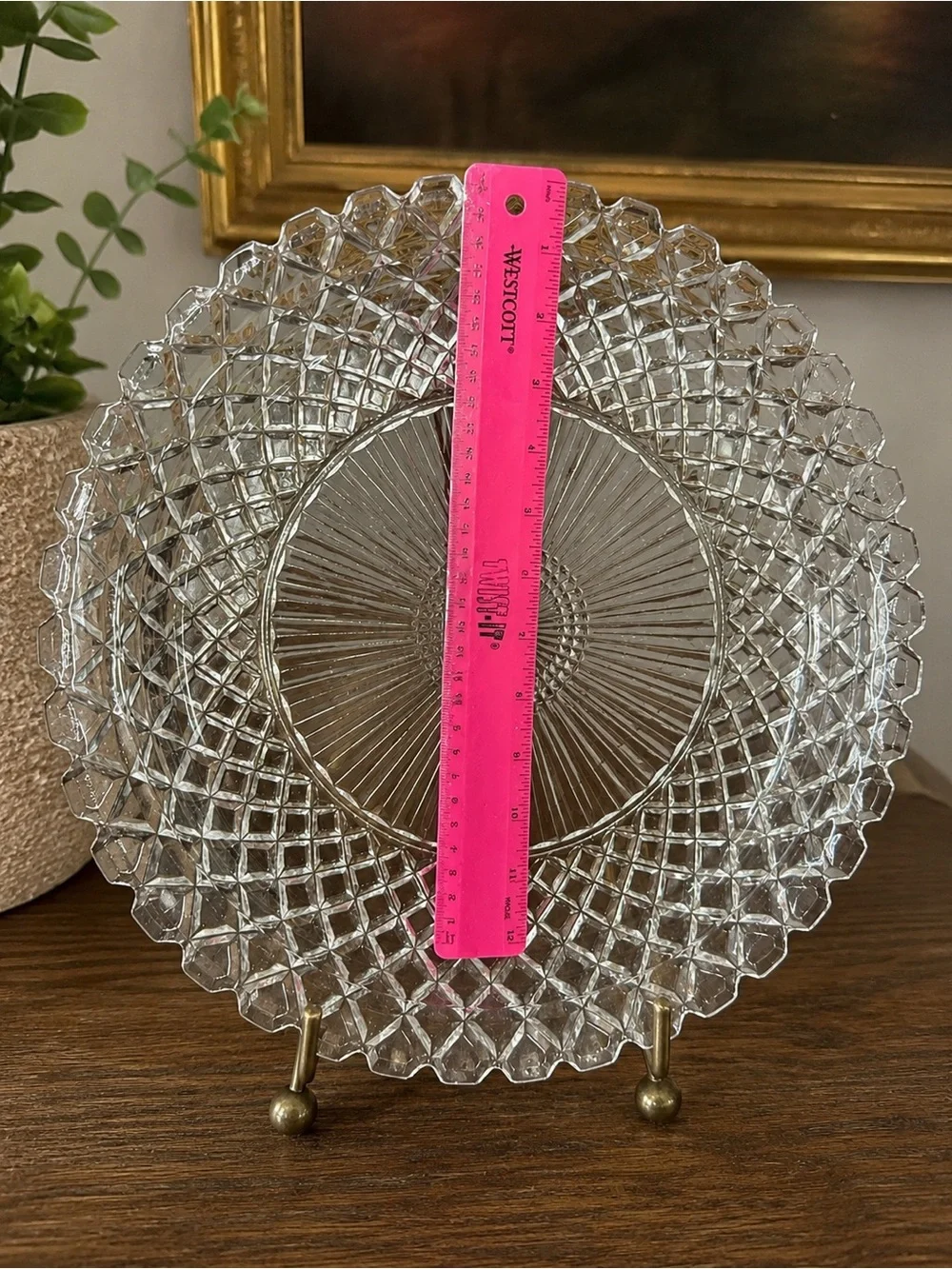 Vintage Clear Pressed Glass Serving Platter 12” Diamond Pattern Scalloped